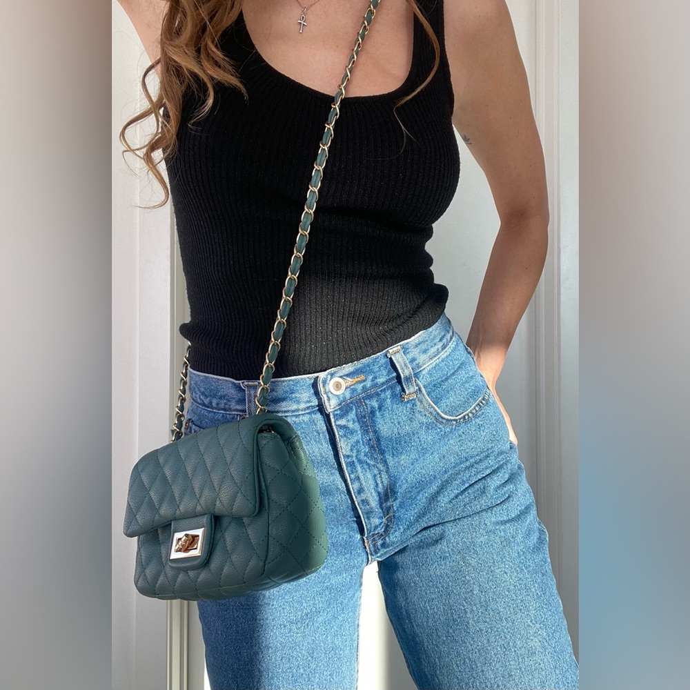 Chanel style mini quilted gold hardware chain strap minty sage crossbody bag